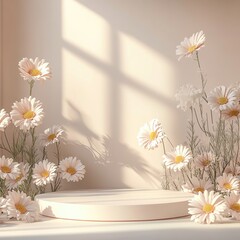 Simple 3D render mockup in a minimalistic design with a podium set in the lower left corner surrounded by subtle daisies on a seamless pastel background and a blank top right area
