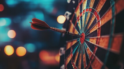 A dart in mid-flight perfectly strikes the bullseye of a dartboard, symbolizing accuracy and success with vivid colors on the board.