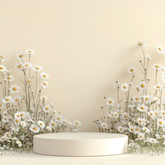 Simple 3D render mockup in a minimalistic design with a podium set in the lower left corner surrounded by subtle daisies on a seamless pastel background and a blank top right area