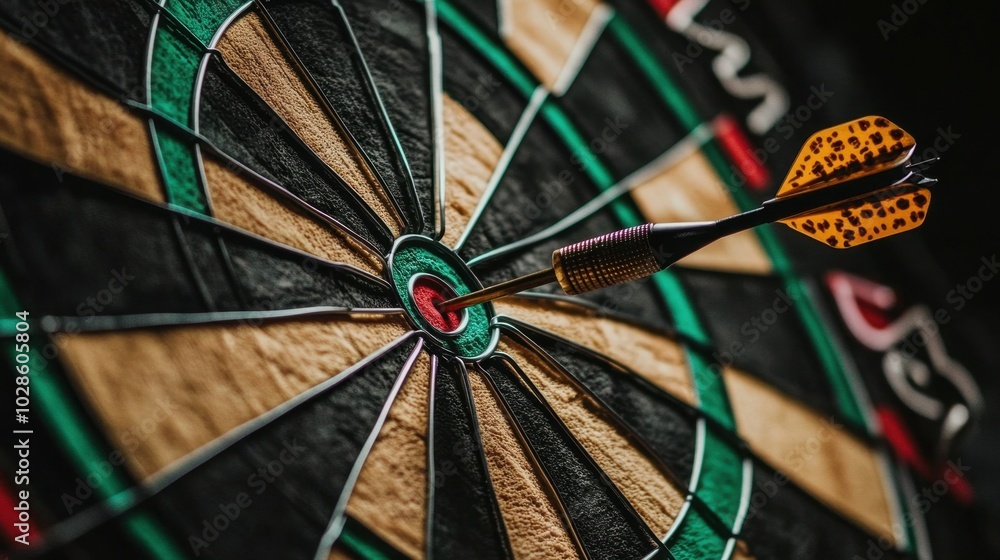 Poster a dart in motion, hitting the bullseye of a dartboard in a precise, perfect shot, with the colorful 