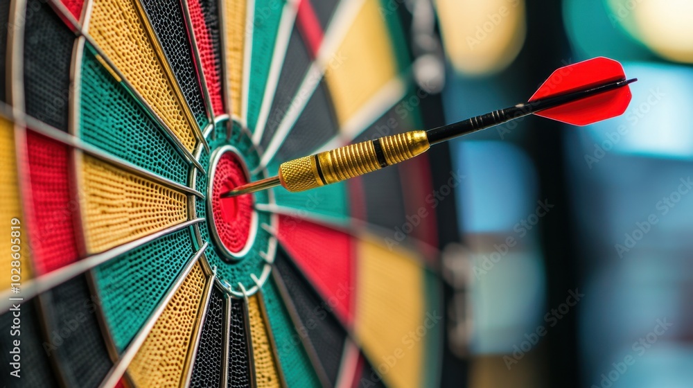 Poster a dart in motion, hitting the bullseye of a dartboard in a precise, perfect shot, with the colorful 