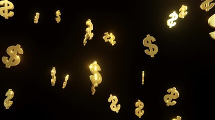 3D golden dollar signs falling on a black background. Ideal for financial, investment, and business-related content
