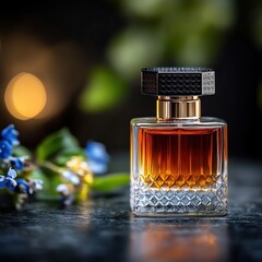 Elegant perfume bottle surrounded by delicate flowers, soft bokeh highlights the luxurious essence of the fragrance.