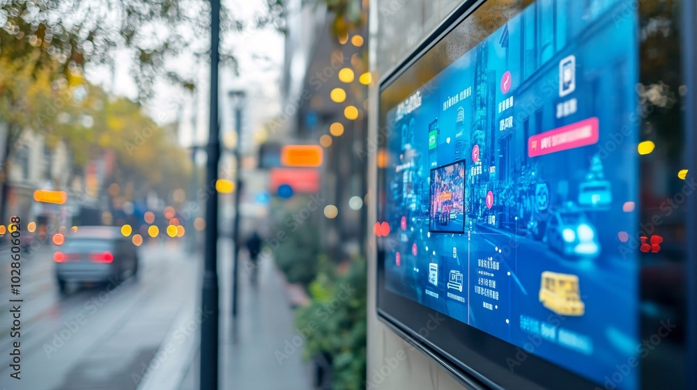 Poster smart city transportation hub with digital screens showing real-time updates on bus and train schedu
