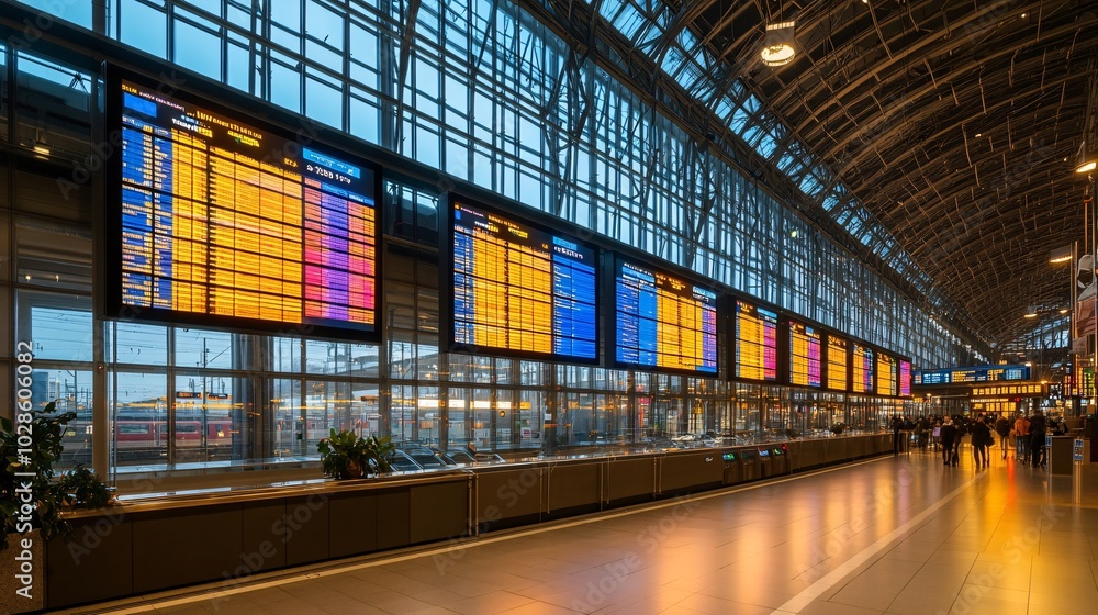 Poster Smart city transportation hub with digital screens showing real-time updates on bus and train schedules Stock Photo with side copy space