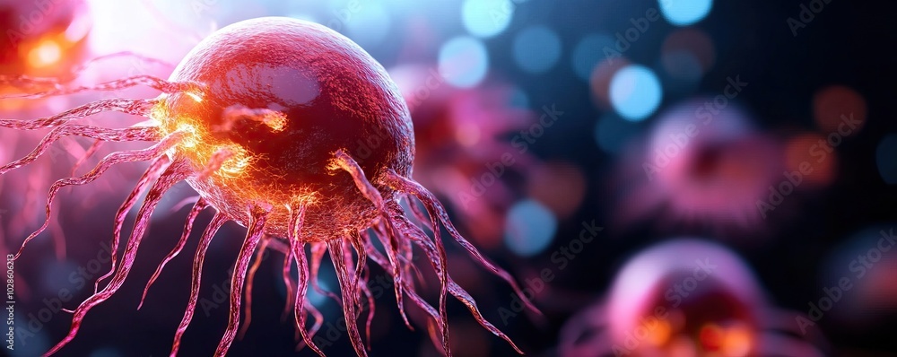 Poster microscopic view of vibrant cells with tentacle-like appendages, illuminated by a soft glow against 