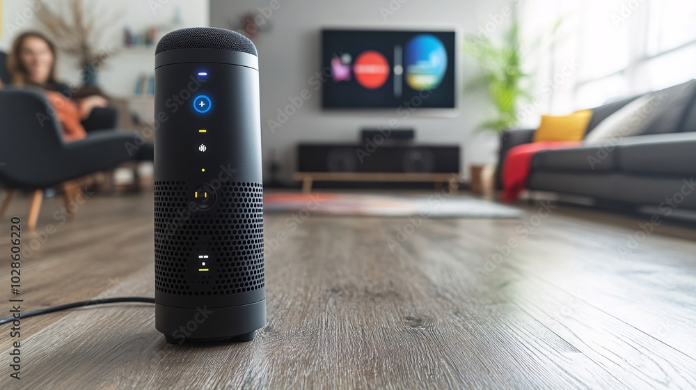 Poster person setting up a home theater system using voice commands in a high-tech urban living room stock 
