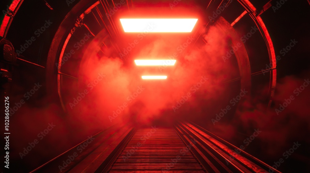 Aufkleber mysterious tunnel with red lights and fog, creating a surreal atmosphere in a futuristic setting.