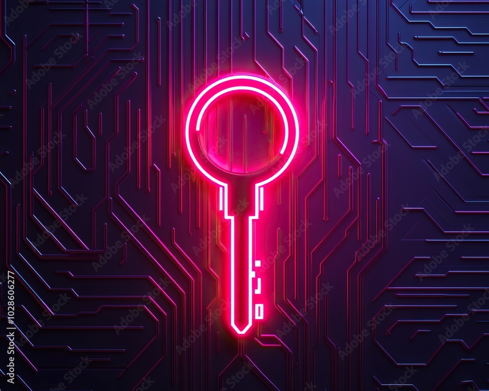 Poster neon key design on a circuit board background, representing security and technology innovation.