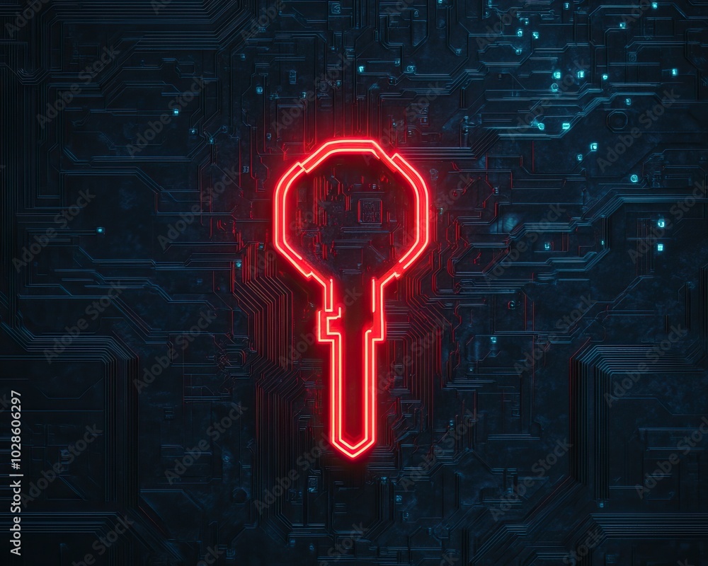 Poster neon key symbol glowing in red on a dark digital background, representing security and technology.