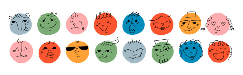 Colorful cartoon character face circle avatar illustration set. Funny people faces, diverse profile icon in trendy cartoon style. Social media reaction sticker, children portrait drawing.