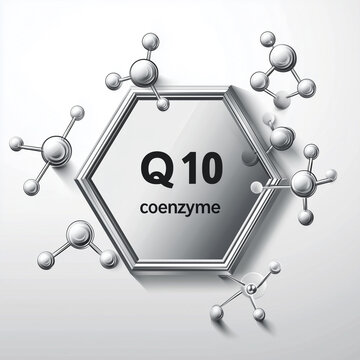 illustration of an hexagon plate of a  Q 10 coenzyme and surrounded by electrones against white background