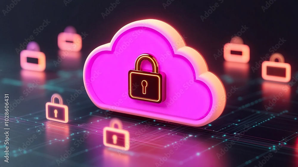 Poster secure cloud storage concept with a padlock, glowing effects, and digital background for data protec