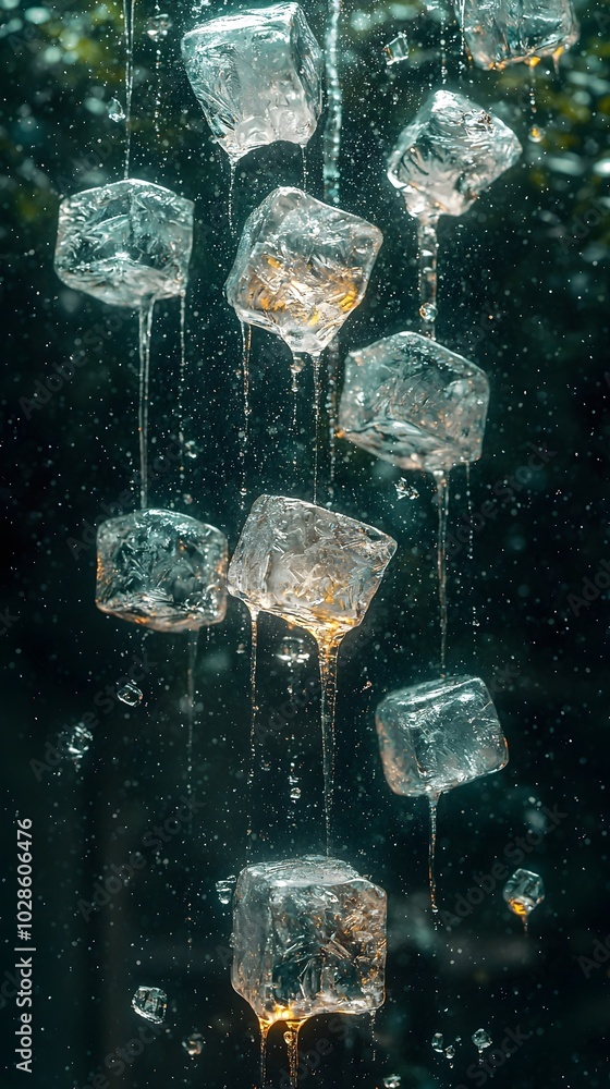 Poster a collection of ice cubes suspended in water, creating an abstract and ethereal scene.