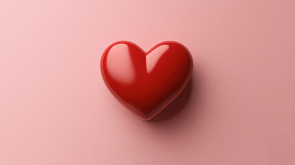 Red glossy heart shape on pink textured surface background with soft lighting creating shadows and reflections
