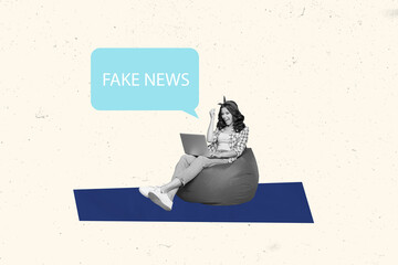 Creative collage picture young woman freelancer laptop digital device notification fake news...