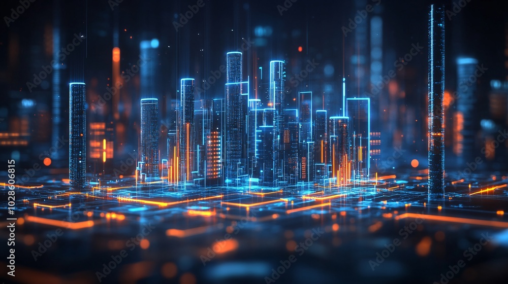 Poster Smart city sensors and IoT systems controlling urban utilities and infrastructure for efficient management Stock Photo with side copy space