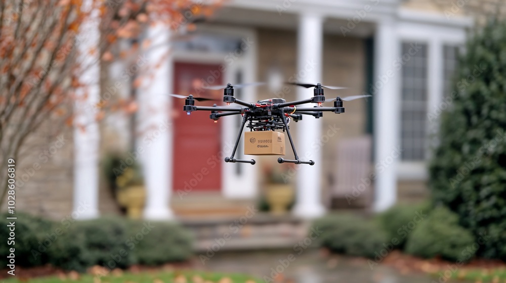 Poster tech-savvy city residents ordering groceries through mobile apps and receiving drone deliveries stoc