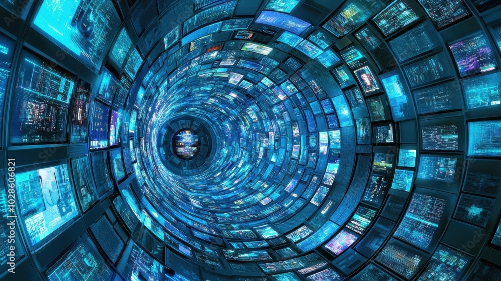 Poster a futuristic digital realm with a swirling vortex of screens displaying diverse content, creating an
