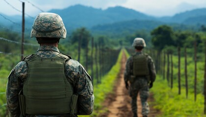 Two soldiers standing guard on a rural path surrounded by lush greenery and mountains in the background.