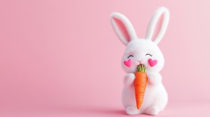 Obraz premium cute bunny blushing with hearts on cheeks, holding a carrot, soft pink background,