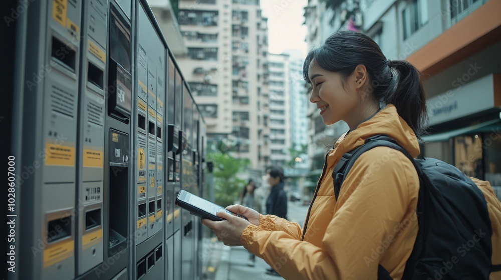 Poster people receiving contactless deliveries through automated smart lockers in a modern city neighborhoo