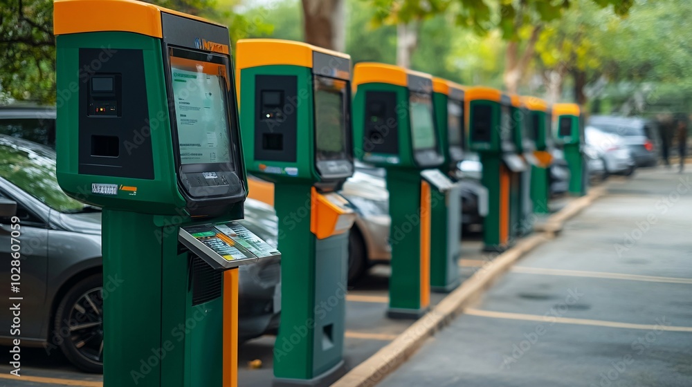 Poster Smart parking systems with digital payment options and automated ticketing in a bustling urban area Stock Photo with side copy space