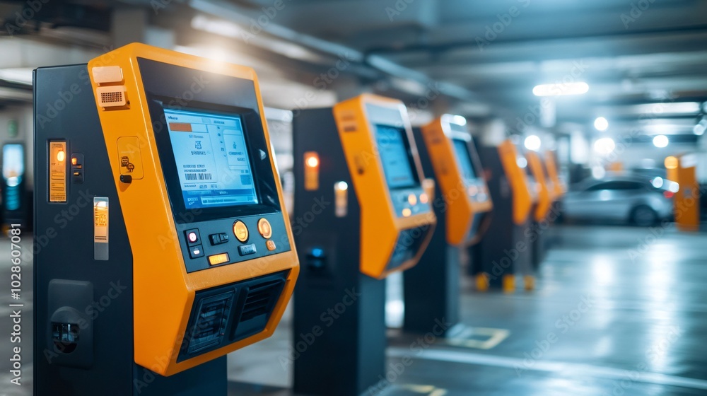 Aufkleber smart parking systems with digital payment options and automated ticketing in a bustling urban area 