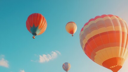 Obraz premium A group of colorful hot air balloons drift through a clear blue sky, floating peacefully in the sunlight on a perfect day.
