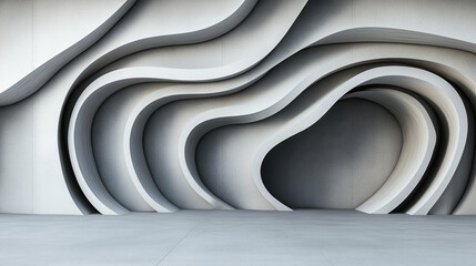 Modern architectural interior with abstract gray curved walls and smooth floor, showcasing a flowing wave-like design and minimalist style.