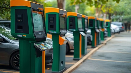 Smart parking systems with digital payment options and automated ticketing in a bustling urban area Stock Photo with side copy space