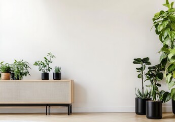 Bright room with potted plants on a wooden sideboard against a white wall.