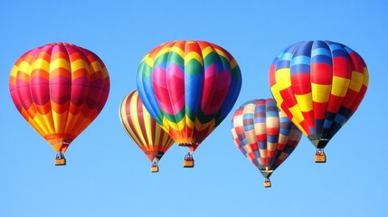 Naklejka premium A group of colorful hot air balloons drift through a clear blue sky, floating peacefully in the sunlight on a perfect day.