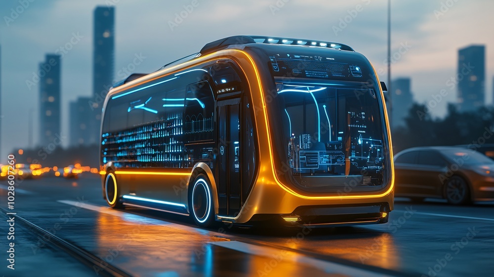 Poster Smart transportation systems integrating electric buses and autonomous vehicles in a tech-forward city Stock Photo with side copy space