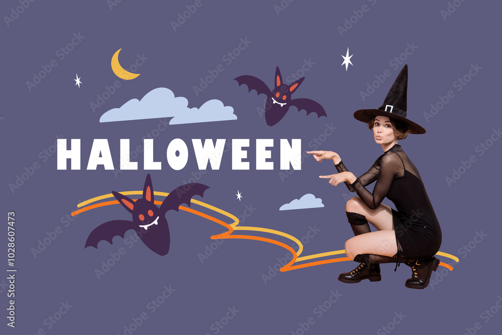 Canvas Prints Composite photo collage of happy witch girl show hand cartoon bats dark night moon creepy halloween holiday isolated on painted background