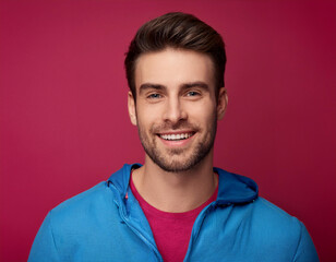 Fototapeta premium Headshot Portrait of a Smiling Man with Contemporary Style, Isolated on Color Background with Ample Copy Space