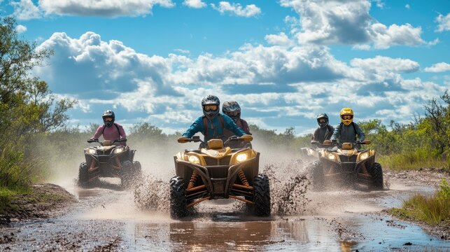 A group of riders having fun on ATVs, tearing through a muddy trail with water splashing, under a sky filled with clouds.