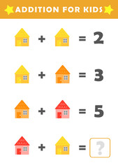Fun Math Logic Puzzles for Kids. Math Game with Cute House Pictures. Math Activities for Children. Addition for Kids.