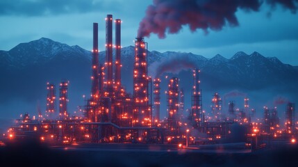 Huge futuristic oil and gas industrial factory with red lights at night.