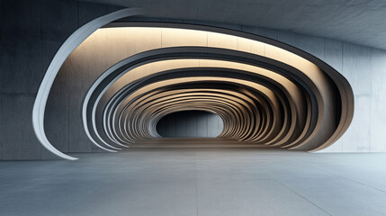 Futuristic architecture with a tunnel-shaped interior featuring curved concentric arches and moody lighting, emphasizing modern design elements and symmetry.