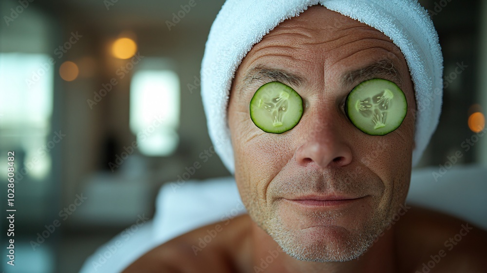 Poster elderly man gently placing thin slices of cucumber under his eyes with a white towel turban for a re
