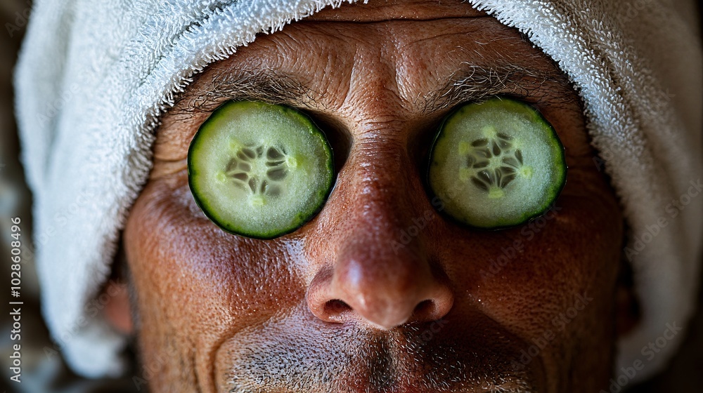 Poster elderly man gently placing thin slices of cucumber under his eyes with a white towel turban for a re