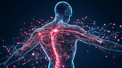 image showcases abstract artistic representation of human body, highlighting intricate networks and connections that symbolize circulatory system and biological processes. vibrant colors and glowing