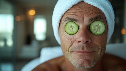 Elderly man gently placing thin slices of cucumber under his eyes with a white towel turban for a refreshing beauty routine Stock Photo with side copy space