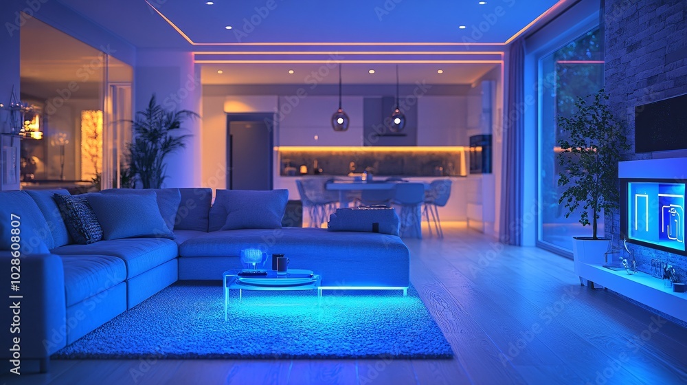 Poster Smart home living room with connected devices controlling lighting and temperature through a smartphone app Stock Photo with side copy space