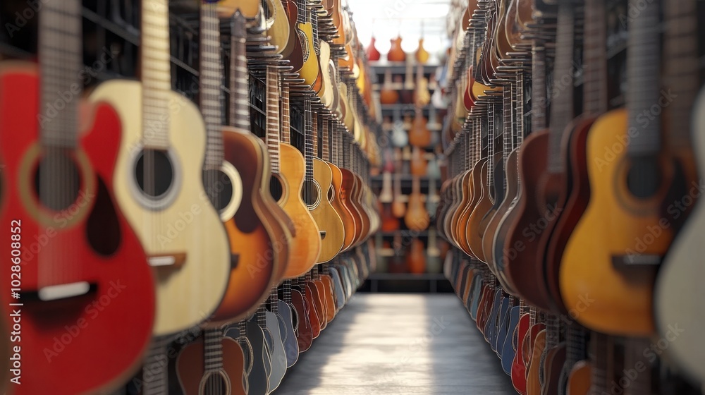 Poster a music store with symmetrical shelves lined with guitars of different shapes and sizes, creating pe