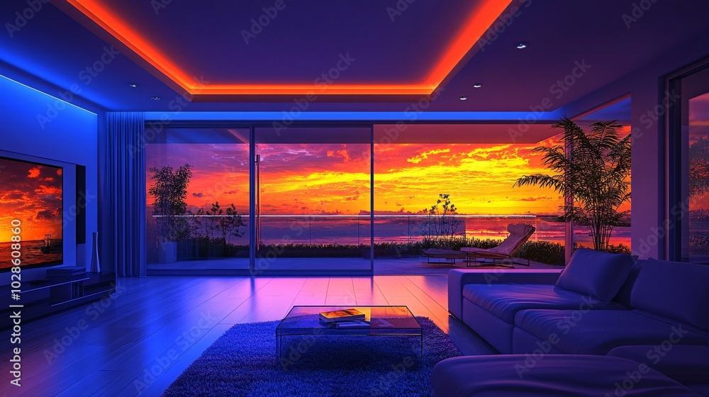 Aufkleber smart home living room with connected devices controlling lighting and temperature through a smartph