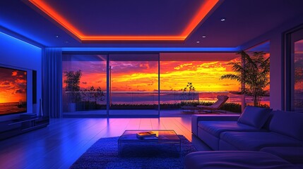 Smart home living room with connected devices controlling lighting and temperature through a smartphone app Stock Photo with side copy space