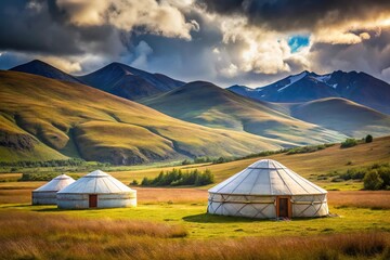 Nomadic yurt in highlands against mountains