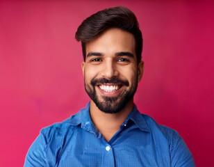 Obraz premium Headshot Portrait of a Smiling Man with Contemporary Style, Isolated on Color Background with Ample Copy Space